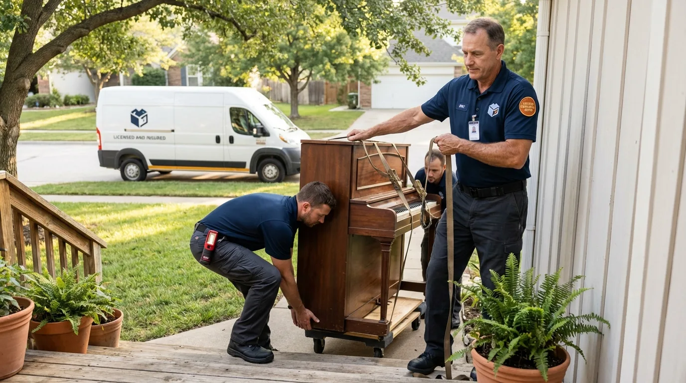 Licensed piano movers securing grand piano in Kenvil, NJ
