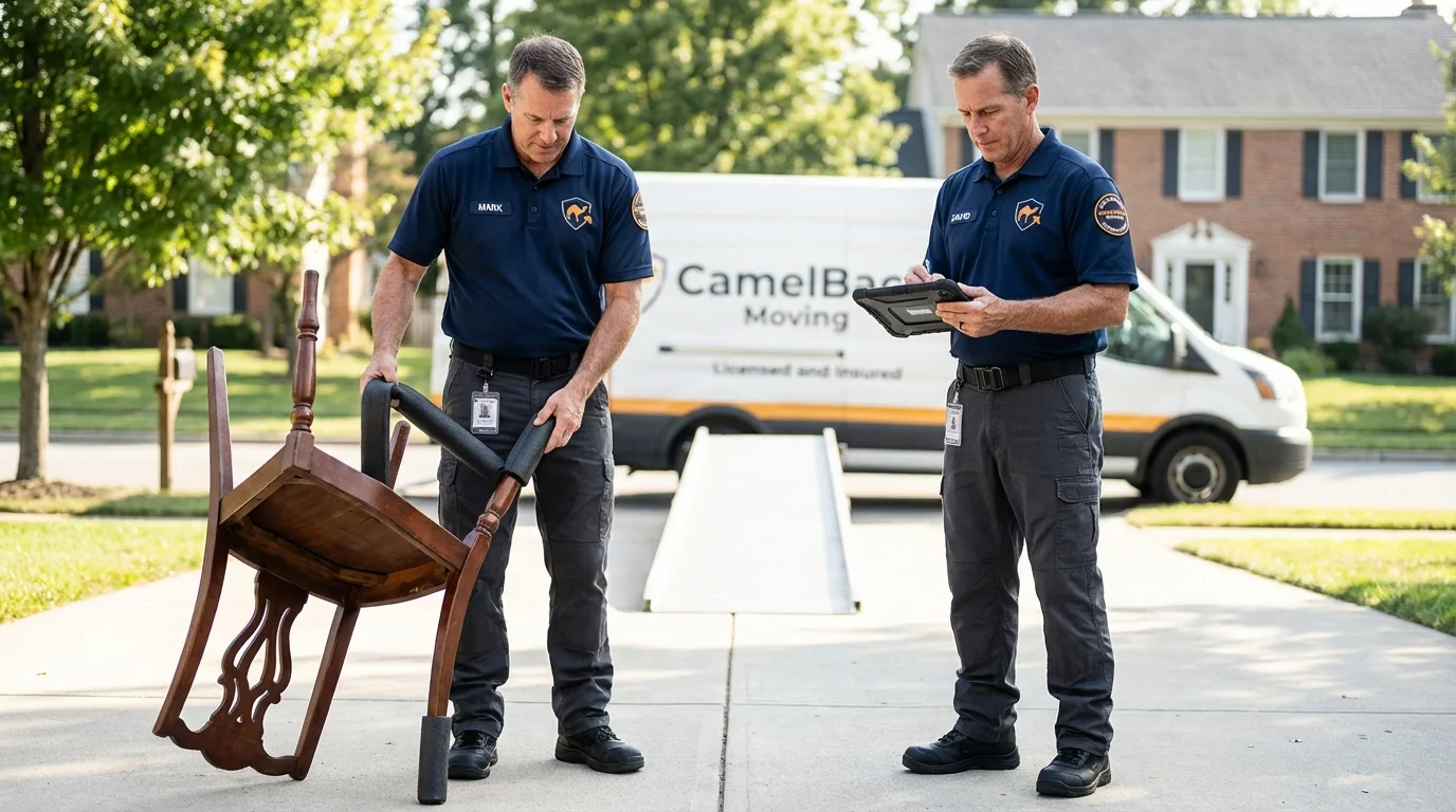 Movers inspecting furniture for damage prevention before loading in Kenvil, NJ