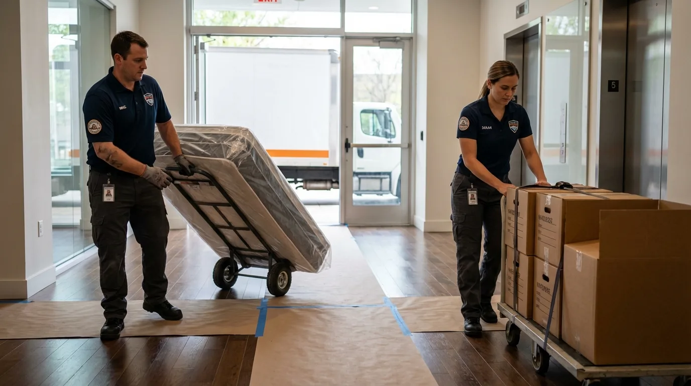 Professional apartment movers loading elevator in Kenvil, NJ